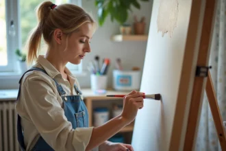 Femme peintre en studio appliquant de la peinture sur toile