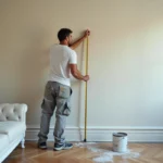 Peintre mesurant un mur dans un appartement français