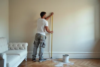 Peintre mesurant un mur dans un appartement français
