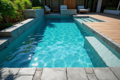 Piscine moderne avec eau bleue et deck en bois