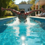 Nageur en plongée dans une piscine moderne en jardin