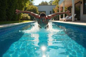 Nageur en plongée dans une piscine moderne en jardin