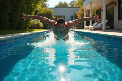 Nageur en plongée dans une piscine moderne en jardin