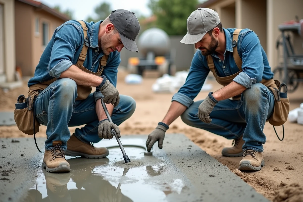 Ouvriers réalisant un béton désactivé sur chantier résidentiel, décapage au jet d'eau haute pression