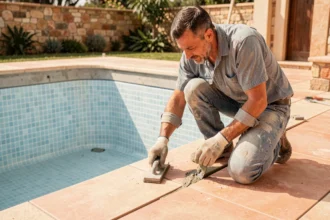 Carreleur professionnel appliquant du joint étanche sur les carreaux d'une piscine en construction pour prévenir les fissures