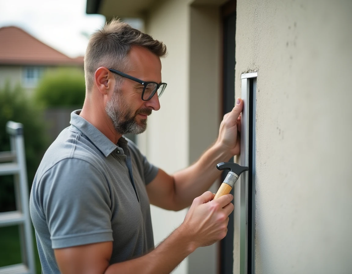 Artisan bricoleur installant une cornière aluminium extérieure sur un angle de façade en enduit beige