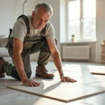 Ouvrier poseur de carrelage dans un appartement lumineux