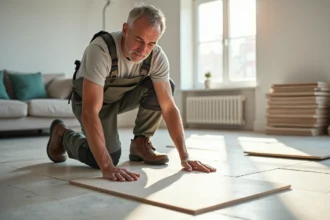 Ouvrier poseur de carrelage dans un appartement lumineux