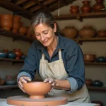 Potière façonnant un bol traditionnel en céramique d'Alsace sur un tour de potier dans l'atelier Poterie BECK à Soufflenheim