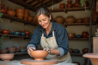 Potière façonnant un bol traditionnel en céramique d'Alsace sur un tour de potier dans l'atelier Poterie BECK à Soufflenheim