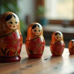 Ensemble de poupées matriochkas russes ouvertes sur une table en bois, illustrant les différentes tailles et motifs peints à la main