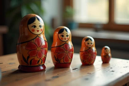 Ensemble de poupées matriochkas russes ouvertes sur une table en bois, illustrant les différentes tailles et motifs peints à la main