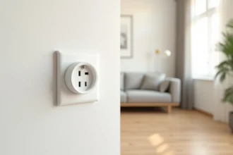 Prise murale moderne avec ports USB intégrés installée dans un salon contemporain au mur blanc