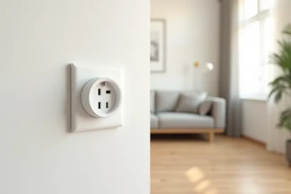 Prise murale moderne avec ports USB intégrés installée dans un salon contemporain au mur blanc
