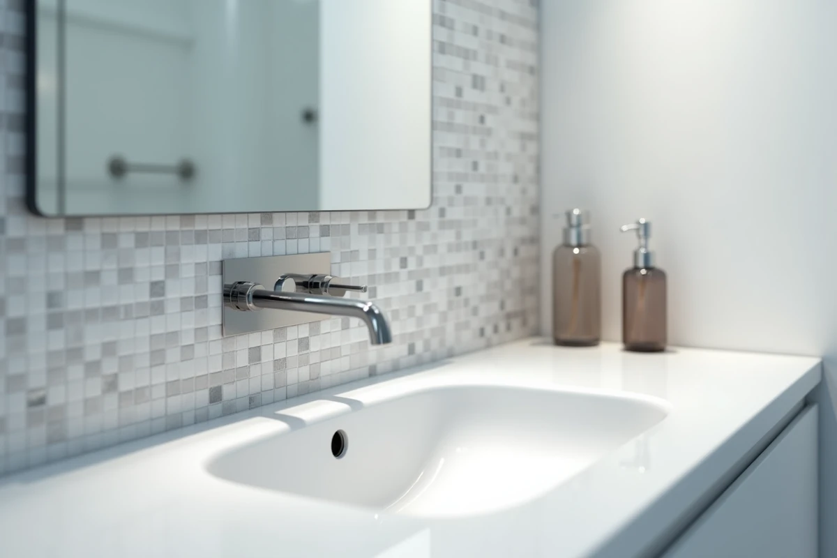 Prise murale sécurisée pour rasoir avec couvercle chrome dans une salle de bain carrelée moderne