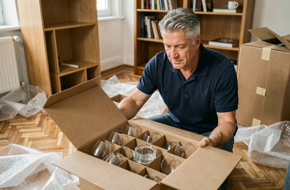 Homme vérifiant des verres à vin protégés dans un carton à vaisselle avec alvéoles individuelles lors d'un déménagement