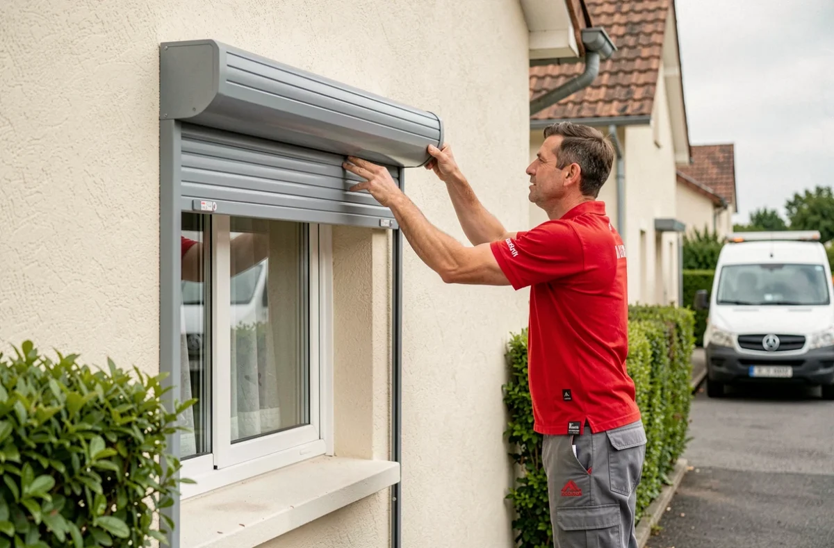Technicien Qualipro Fermetures installant un volet roulant PVC gris sur la façade d'une maison en Maine-et-Loire