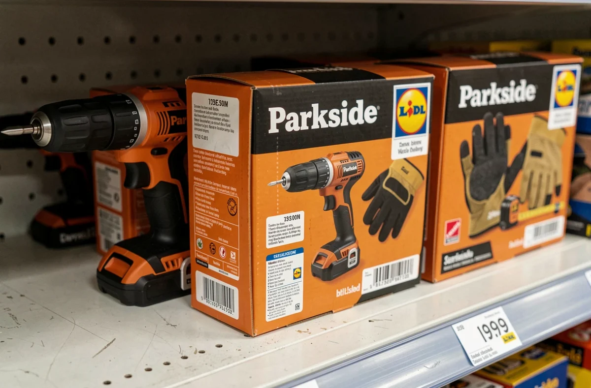 Rayonnage Lidl avec plusieurs produits Parkside en promotion, dont une perceuse et des accessoires