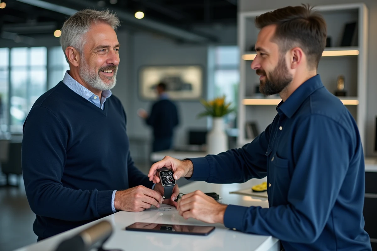 Client apportant une montre connectée en réparation pour remplacement de batterie dans un magasin