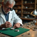 Horloger remplaçant la pile d'une montre à quartz sur un établi de réparation