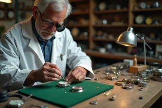 Horloger remplaçant la pile d'une montre à quartz sur un établi de réparation