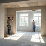 Rénovation moderne d'un sous-sol en cours avec ouvriers et matériaux
