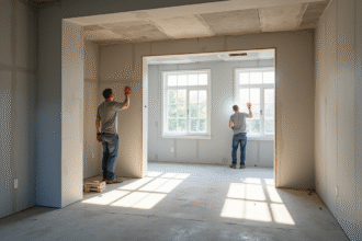 Rénovation moderne d'un sous-sol en cours avec ouvriers et matériaux