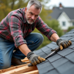 Ouvrier sur le toit en train de retirer des bardeaux en asphalt