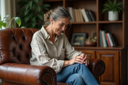 Femme appliquant soin au cuir d'un fauteuil vintage