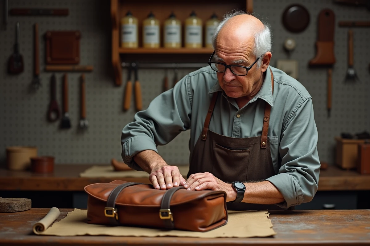 Homme âgé nettoyant une sacoche en cuir dans son atelier