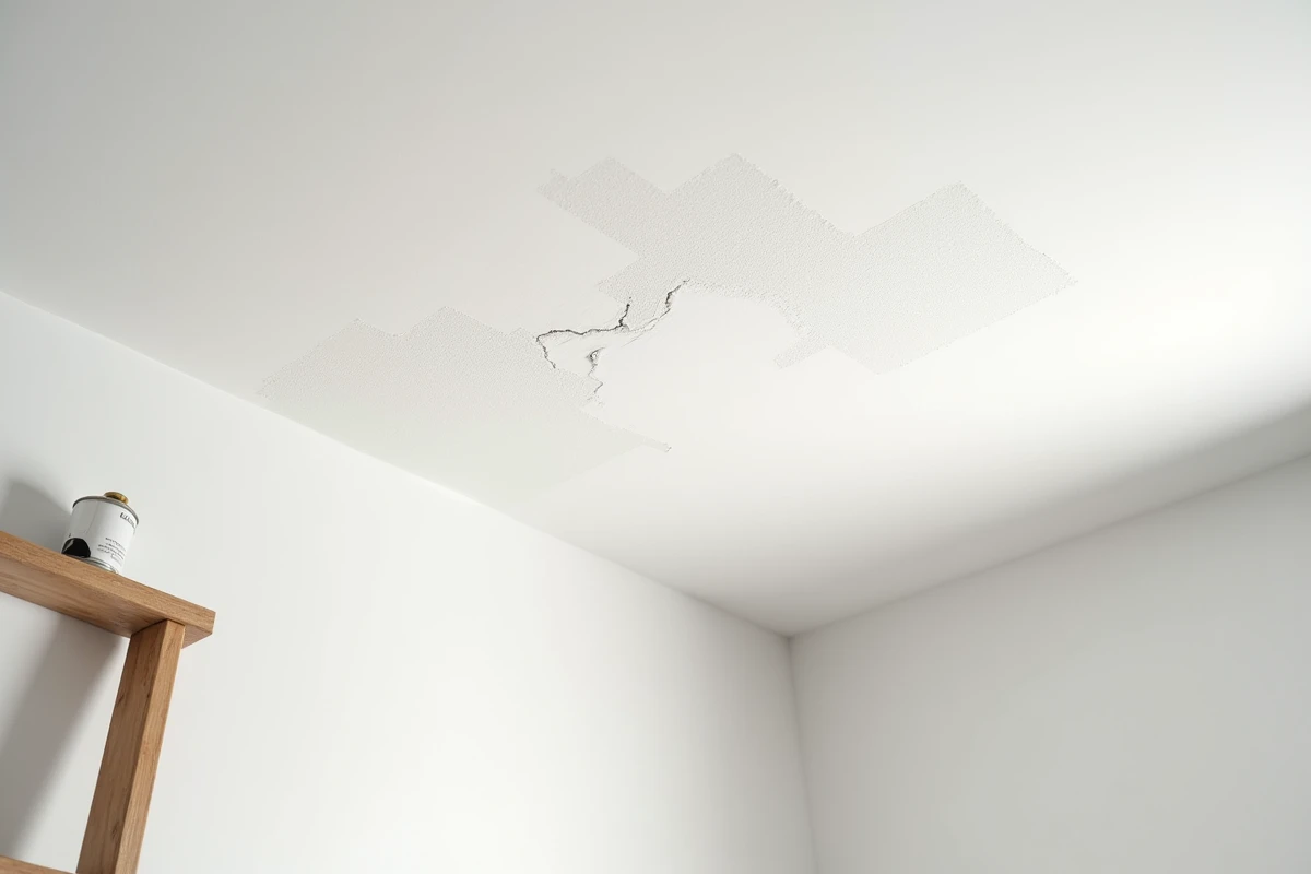 Gros plan sur une fissure de plafond réparée et lissée avec pinceau et pot de peinture blanche