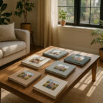 Salon moderne lumineux avec albums photo et plantes