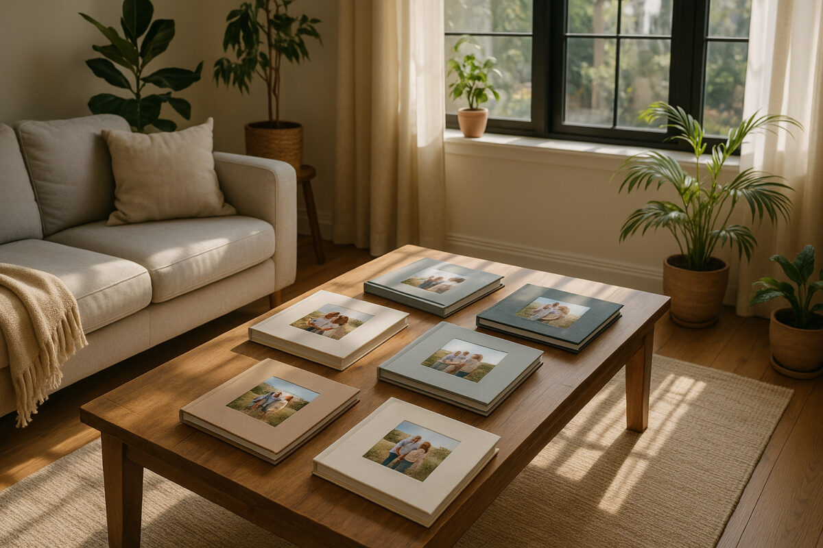 Salon moderne lumineux avec albums photo et plantes