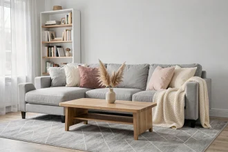 Salon gris et blanc décoré avec des coussins colorés, une couverture en tricot et des herbes de pampa pour personnaliser l'espace sans travaux