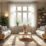 Petit salon moderne avec lumière naturelle et mobilier scandinave