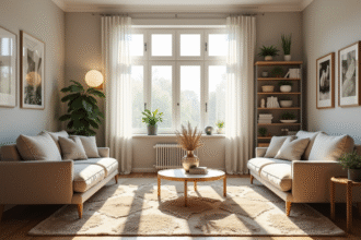 Petit salon moderne avec lumière naturelle et mobilier scandinave