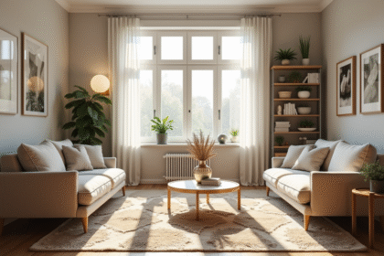 Petit salon moderne avec lumière naturelle et mobilier scandinave