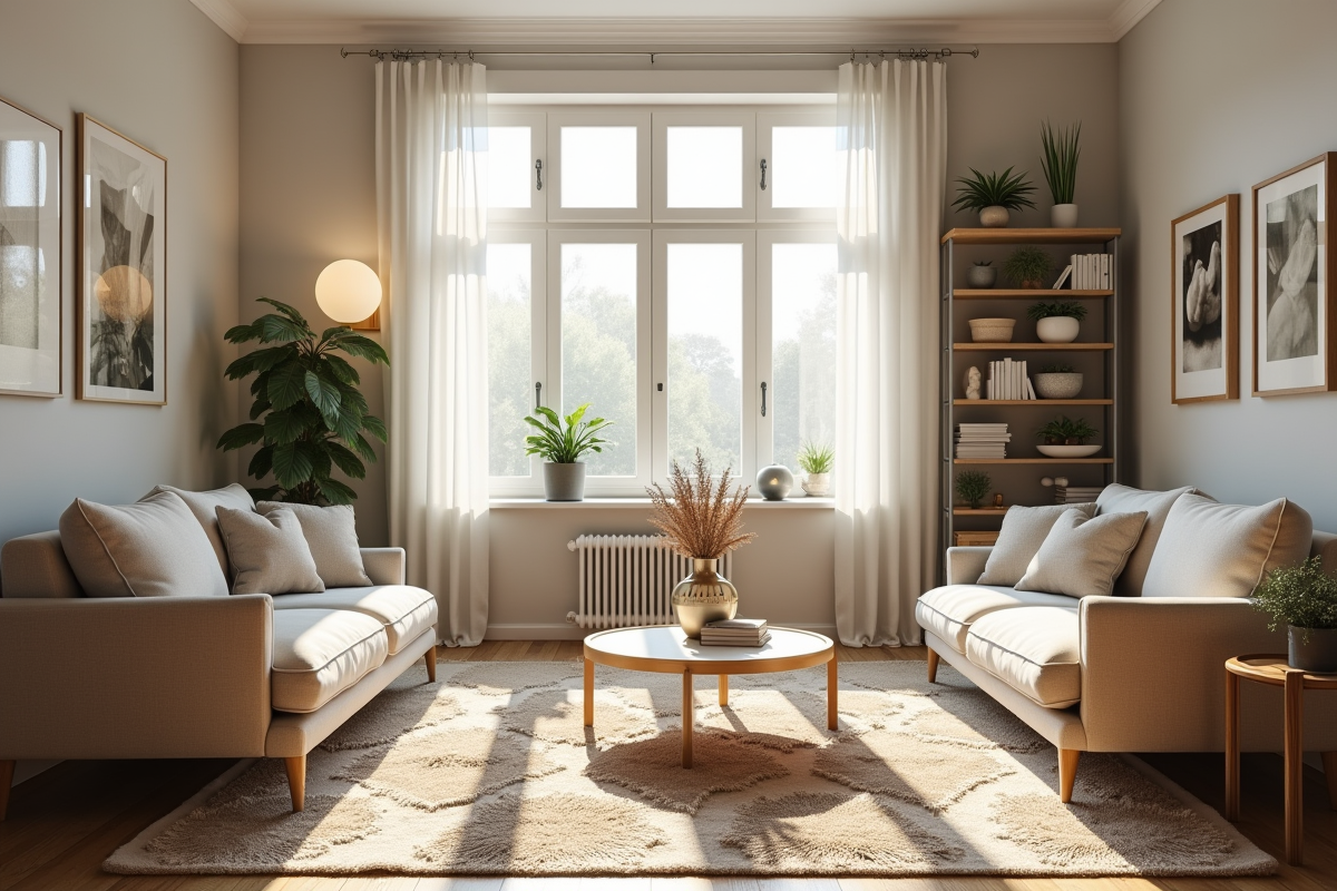 Petit salon moderne avec lumière naturelle et mobilier scandinave