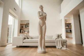 Grande statue décorative en béton brut dans un salon moderne aux hauts plafonds, effet waouh sans encombrement