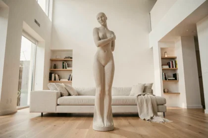 Grande statue décorative en béton brut dans un salon moderne aux hauts plafonds, effet waouh sans encombrement