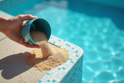 Vue rapprochée d'un système de filtration piscine avec main versant media recyclé