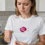 Femme examinant une tache de framboise sur un tee-shirt blanc près d'un évier de cuisine