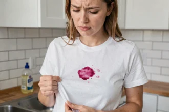 Femme examinant une tache de framboise sur un tee-shirt blanc près d'un évier de cuisine