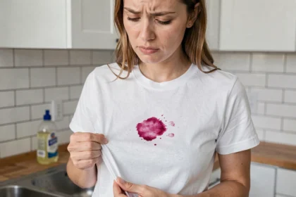 Femme examinant une tache de framboise sur un tee-shirt blanc près d'un évier de cuisine