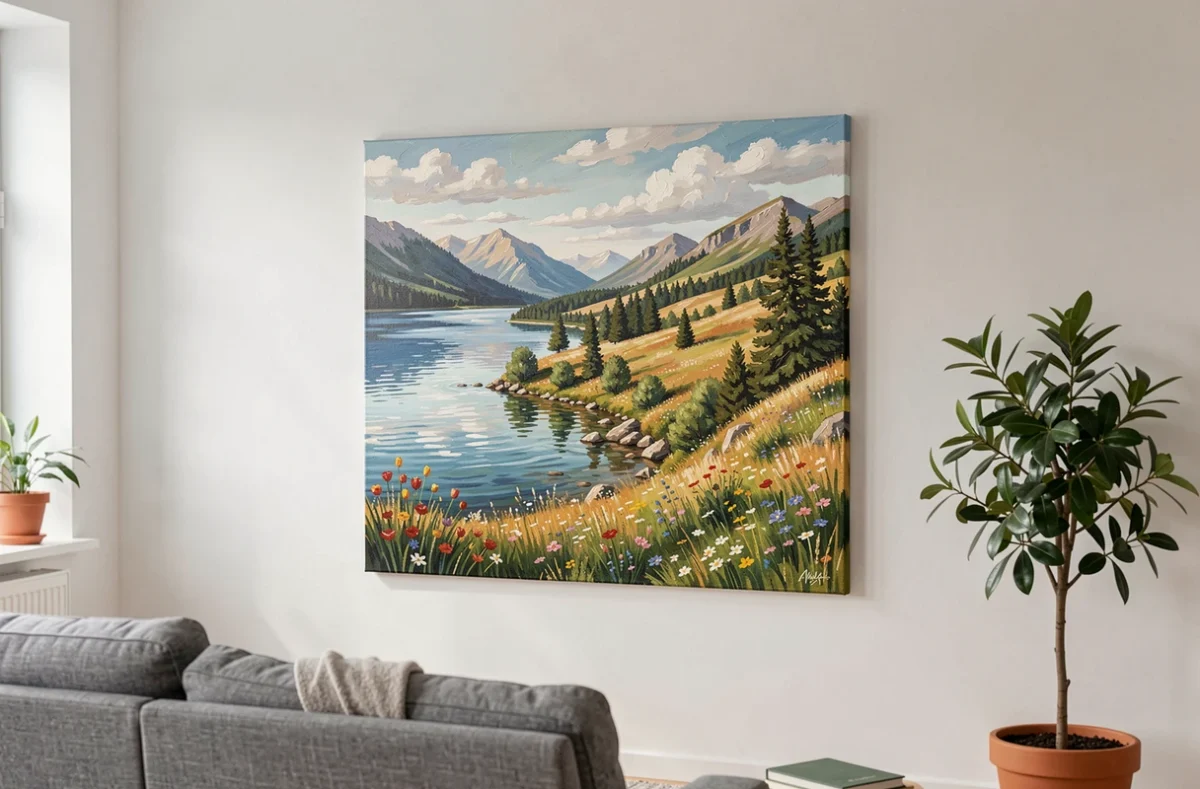 Toile paint by number personnalisée encadrée et accrochée au mur d'un salon moderne, représentant un paysage peint à partir d'une photo de vacances