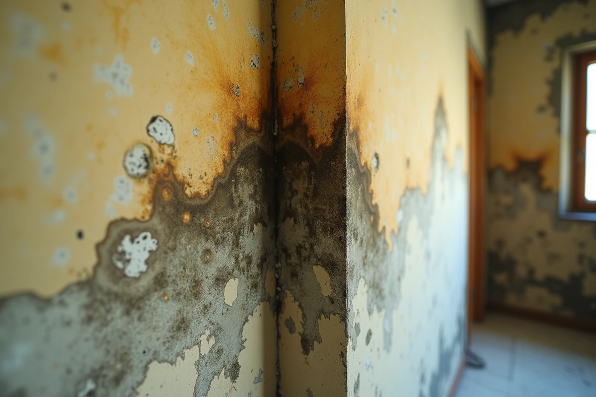 Détail d'un mur intérieur avec infiltrations d'eau, décollements de peinture et taches de moisissures