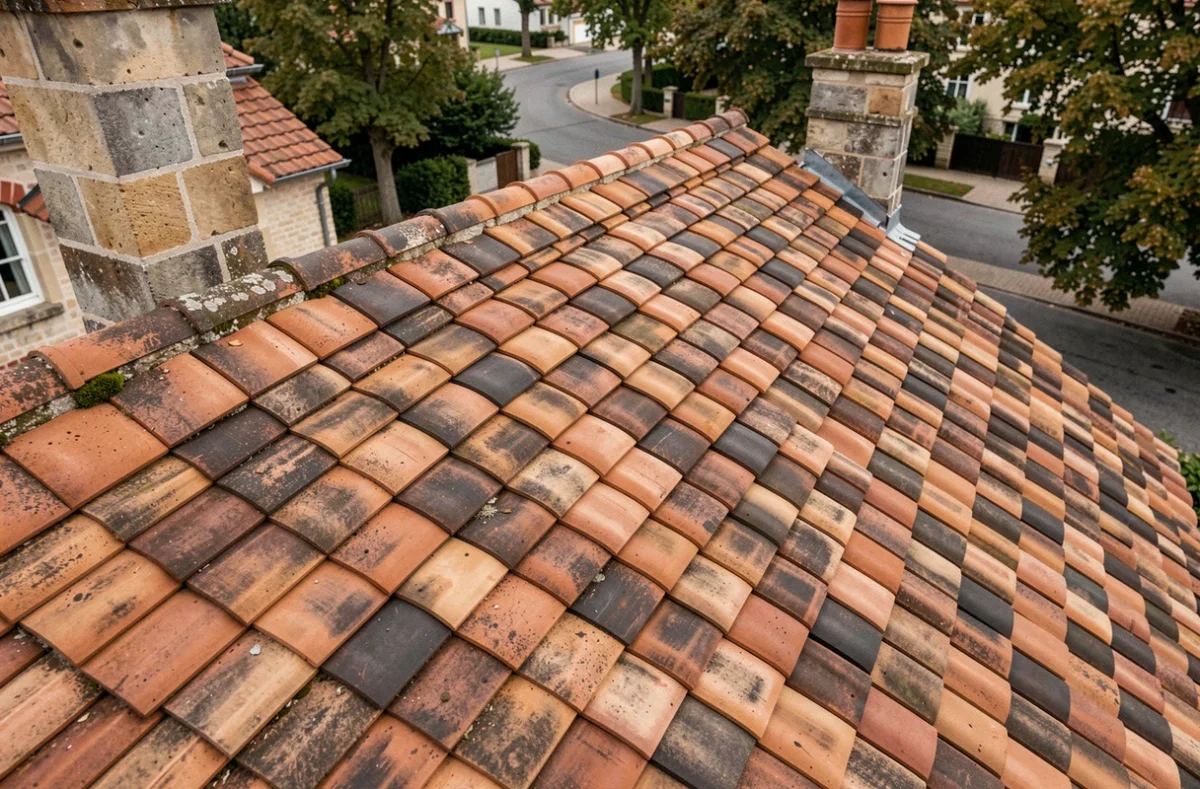 Vue rapprochée de tuiles en terre cuite neuves posées en rangs réguliers sur une toiture en pente d'une maison française