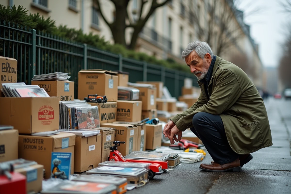 Vendeur triant des vinyles et objets rétro sur un tapis au sol lors d'un vide grenier en banlieue parisienne