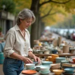Vendeuse arrangeant des objets vintage sur une table de vide grenier dans le 92, avec livres et vaisselle ancienne