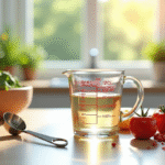 Verre mesure 20 cl avec cuillère et ingrédients frais cuisine